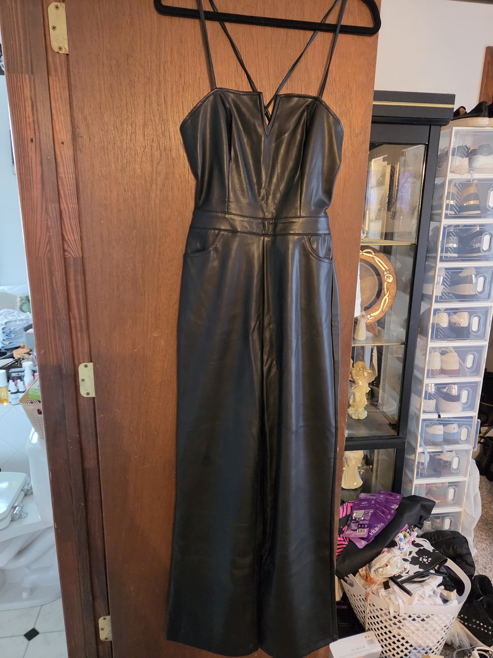 Guess Black Faux Leather Wide-Leg Strappy Jumpsuit